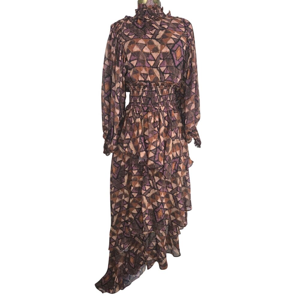 NWT Olivaceous Geometric Pattern tiered 70's inspired Boho Dress Size S